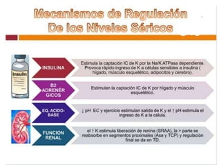 Hipokalemia
• Potasio sérico < 3.5mEq/l.
• Hipokalemia severa: K+ < 2.5mEq/l.
• Causas: Desplazamiento intracelular y déficit de potasio.
Desplazamiento intracelular: Pérdida de potasio:
– B2 – adrenérgicos. – Diuréticos.
– Alcalosis. – Hipomagnesemia.
– Hipotermia. – Alcalosis.
– Insulina. – Pérdidas digestivas.
 