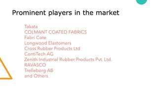 Prominent players in the market
Takata
COLMANT COATED FABRICS
Fabri Cote
Longwood Elastomers
Cross Rubber Products Ltd
ContiTech AG
Zenith Industrial Rubber Products Pvt. Ltd.
RAVASCO
Trelleborg AB
and Others
 