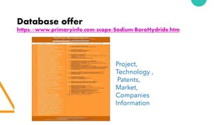 Database offer
https://www.primaryinfo.com/scope/Sodium-BoroHydride.htm
Project,
Technology ,
Patents,
Market,
Companies
Information
 