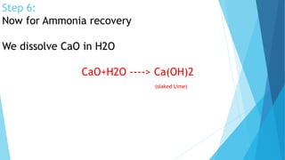 Step 6:
Now for Ammonia recovery
We dissolve CaO in H2O
CaO+H2O ----> Ca(OH)2
(slaked Lime)
 