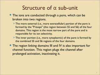 Structure of α sub-unit
 The ions are conducted through a pore, which can be
broken into two regions.
The more external (i.e., more extracellular) portion of the pore is
formed by the "P-loops" (the region between S5 and S6) of the four
domains. This region is the most narrow part of the pore and is
responsible for its ion selectivity.
The inner portion (i.e., more cytoplasmic) of the pore is formed by
the combined S5 and S6 regions of the four domains.
 The region linking domains III and IV is also important for
channel function. This region plugs the channel after
prolonged activation, inactivating it.
7
 