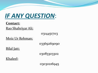IF ANY QUESTION:
Contact:
Rao Shahriyar Ali;
03144517113
Moiz Ur Rehman;
03369269090
Bilal Jatt;
03083303302
Khaleel;
03030216945
 