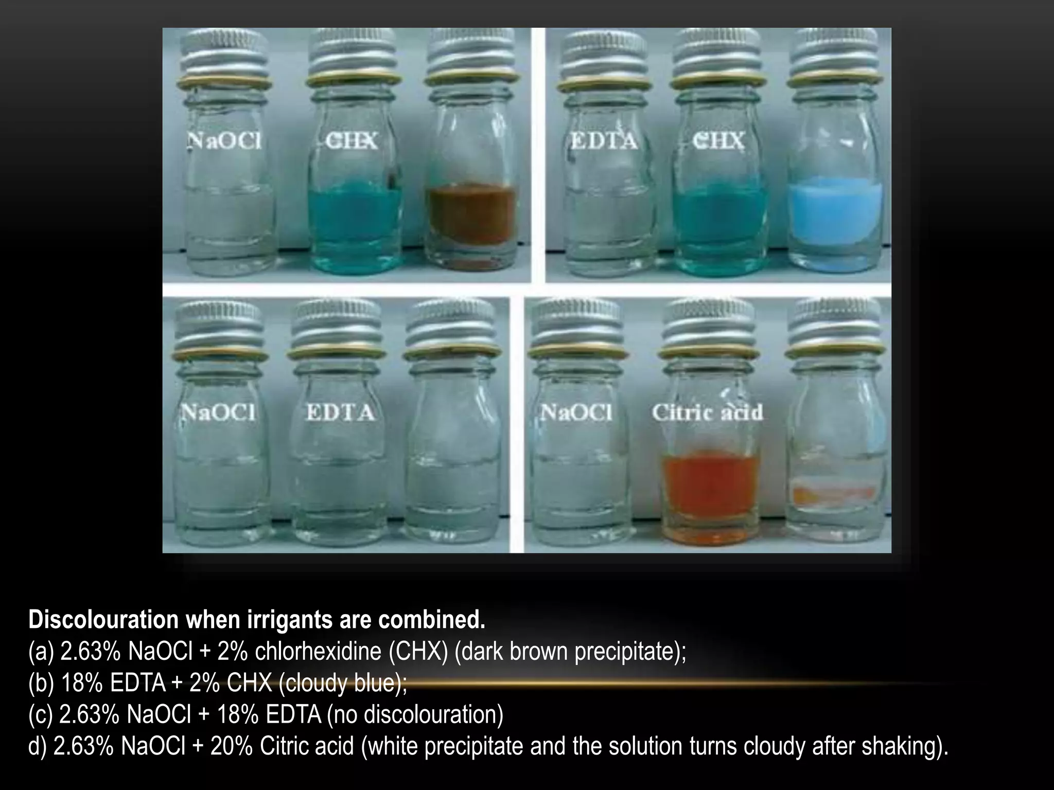 Discolouration when irrigants are combined.
(a) 2.63% NaOCl + 2% chlorhexidine (CHX) (dark brown precipitate);
(b) 18% EDTA + 2% CHX (cloudy blue);
(c) 2.63% NaOCl + 18% EDTA (no discolouration)
d) 2.63% NaOCl + 20% Citric acid (white precipitate and the solution turns cloudy after shaking).
 