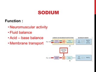 SODIUM
Function :
• Neuromuscular activity
• Fluid balance
• Acid – base balance
• Membrane transport
 