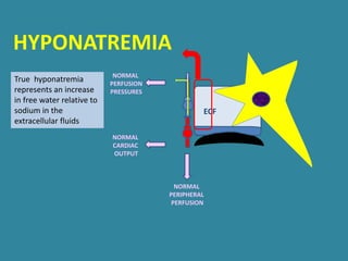 ECF
NORMAL
PERIPHERAL
PERFUSION
NORMAL
PERFUSION
PRESSURES
NORMAL
CARDIAC
OUTPUT
True hyponatremia
represents an increase
in free water relative to
sodium in the
extracellular fluids
HYPONATREMIA
 