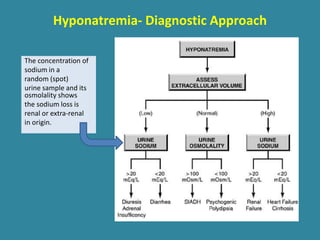 Hyponatremia- Diagnostic Approach
The concentration of
sodium in a
random (spot)
urine sample and its
osmolality shows
the sodium loss is
renal or extra-renal
in origin.
 