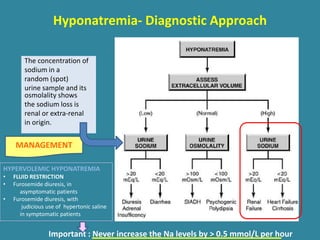 Hyponatremia- Diagnostic Approach
HYPERVOLEMIC HYPONATREMIA
• FLUID RESTRICTION
• Furosemide diuresis, in
asymptomatic patients
• Furosemide diuresis, with
judicious use of hypertonic saline
in symptomatic patients
MANAGEMENT
The concentration of
sodium in a
random (spot)
urine sample and its
osmolality shows
the sodium loss is
renal or extra-renal
in origin.
Important : Never increase the Na levels by > 0.5 mmol/L per hour
 