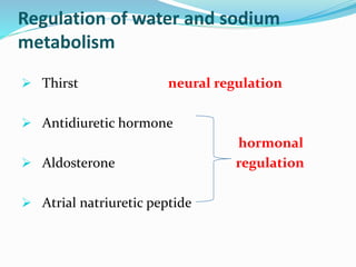 Regulation of water and sodium
metabolism
 Thirst neural regulation
 Antidiuretic hormone
hormonal
 Aldosterone regulation
 Atrial natriuretic peptide
 
