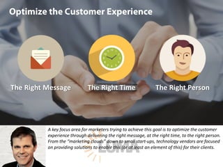 A	key	focus	area	for	marketers	trying	to	achieve	this	goal	is	to	optimize	the	customer	
experience	through	delivering	the	right	message,	at	the	right	time,	to	the	right	person.	
From	the	“marketing	clouds”	down	to	small	start-ups,	technology	vendors	are	focused	
on	providing	solutions	to	enable	this	(or	at	least	an	element	of	this)	for	their	clients.
 