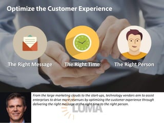 From	the	large	marketing	clouds	to	the	start-ups,	technology	vendors	aim	to	assist	
enterprises	to	drive	more	revenues	by	optimizing	the	customer	experience	through	
delivering	the	right	message	at	the	right	time	to	the	right	person.
 