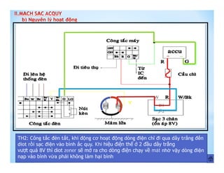 TH2: Công tắc đèn tắt, khi động cơ hoạt động dòng điện chỉ đi qua dây trắng đến
diot rồi sạc điện vào bình ắc quy. Khi hiệu điện thế ở 2 đầu dây trắng
vượt quá 8V thì diot zener sẽ mở ra cho dòng điện chạy về mát nhờ vậy dòng điện
nạp vào bình vừa phải không làm hại bình
 