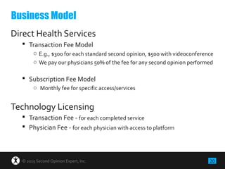 20© 2015 Second Opinion Expert, Inc.
Direct Health Services
 Transaction Fee Model
o E.g., $300 for each standard second opinion, $500 with videoconference
o We pay our physicians 50% of the fee for any second opinion performed
 Subscription Fee Model
o Monthly fee for specific access/services
Technology Licensing
 Transaction Fee - for each completed service
 Physician Fee - for each physician with access to platform
Business Model
 