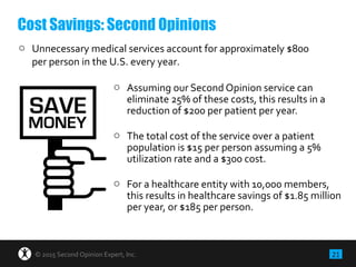 21© 2015 Second Opinion Expert, Inc.
o Assuming our Second Opinion service can
eliminate 25% of these costs, this results in a
reduction of $200 per patient per year.
o The total cost of the service over a patient
population is $15 per person assuming a 5%
utilization rate and a $300 cost.
o For a healthcare entity with 10,000 members,
this results in healthcare savings of $1.85 million
per year, or $185 per person.
Cost Savings: Second Opinions
o Unnecessary medical services account for approximately $800
per person in the U.S. every year.
 
