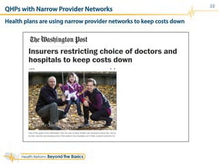 QHPs with Narrow Provider Networks
Health plans are using narrow provider networks to keep costs down
22
 