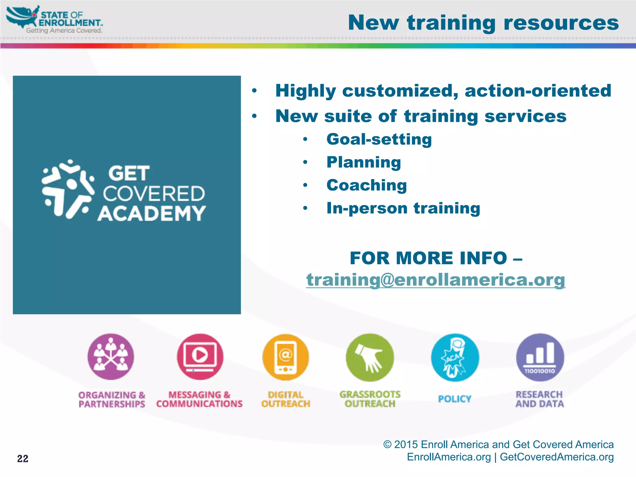 © 2015 Enroll America and Get Covered America
EnrollAmerica.org | GetCoveredAmerica.org22
New training resources
•  Highly customized, action-oriented
•  New suite of training services
•  Goal-setting
•  Planning
•  Coaching
•  In-person training
FOR MORE INFO –
training@enrollamerica.org
 