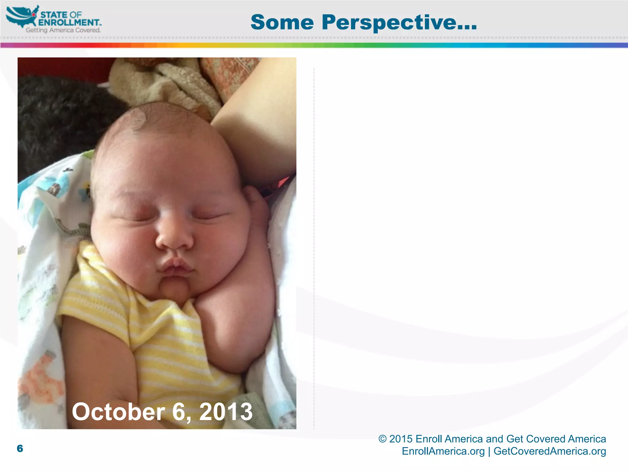 © 2015 Enroll America and Get Covered America
EnrollAmerica.org | GetCoveredAmerica.org6
Some Perspective…
October 6, 2013
 