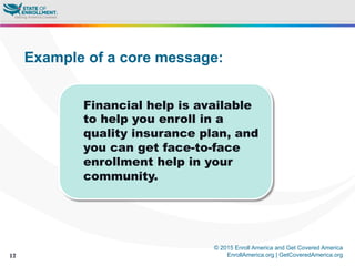 © 2015 Enroll America and Get Covered America
EnrollAmerica.org | GetCoveredAmerica.org17
Financial help is available
to help you enroll in a
quality insurance plan, and
you can get face-to-face
enrollment help in your
community.
Example of a core message:
 