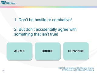 © 2015 Enroll America and Get Covered America
EnrollAmerica.org | GetCoveredAmerica.org26
AGREE BRIDGE CONVINCE
1. Don’t be hostile or combative!
2. But don’t accidentally agree with
something that isn’t true!
 