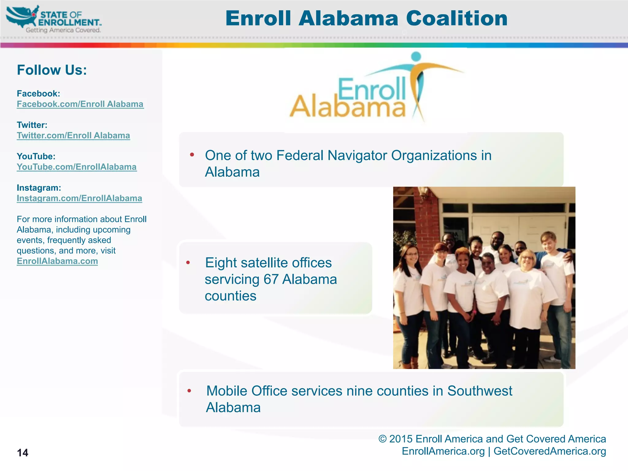 © 2015 Enroll America and Get Covered America
EnrollAmerica.org | GetCoveredAmerica.org
•  One of two Federal Navigator Organizations in
Alabama
•  Mobile Office services nine counties in Southwest
Alabama
14
Section 1: Enrolling your family
•  Eight satellite offices
servicing 67 Alabama
counties
Follow Us:
Facebook:
Facebook.com/Enroll Alabama
Twitter:
Twitter.com/Enroll Alabama
YouTube:
YouTube.com/EnrollAlabama
Instagram:
Instagram.com/EnrollAlabama
For more information about Enroll
Alabama, including upcoming
events, frequently asked
questions, and more, visit
EnrollAlabama.com
Enroll Alabama Coalition
 
