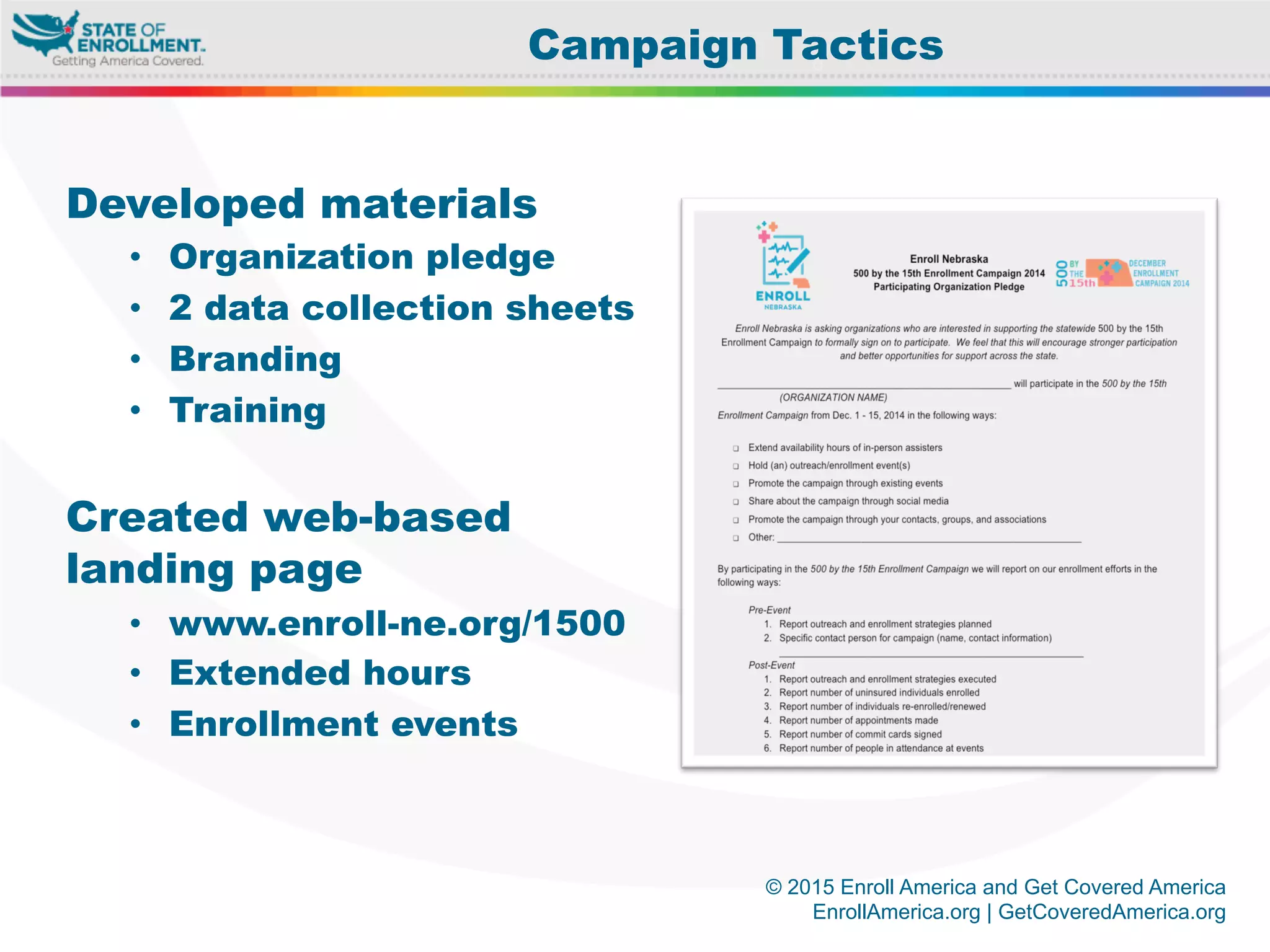 © 2015 Enroll America and Get Covered America
EnrollAmerica.org | GetCoveredAmerica.org
Developed materials
•  Organization pledge
•  2 data collection sheets
•  Branding
•  Training
Created web-based
landing page
•  www.enroll-ne.org/1500
•  Extended hours
•  Enrollment events
Campaign Tactics
 
