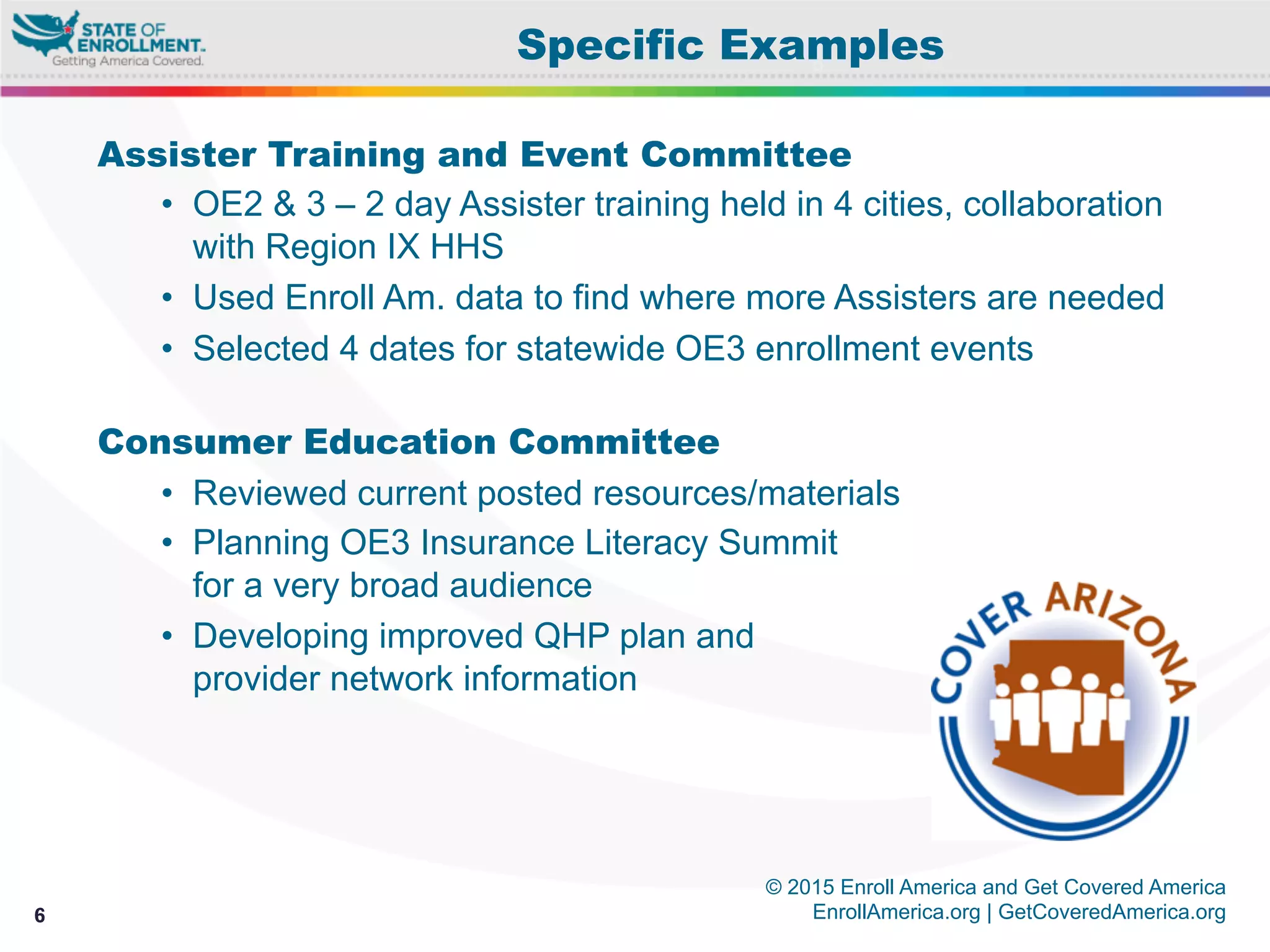 © 2015 Enroll America and Get Covered America
EnrollAmerica.org | GetCoveredAmerica.org6
Specific Examples
Assister Training and Event Committee
•  OE2 & 3 – 2 day Assister training held in 4 cities, collaboration
with Region IX HHS
•  Used Enroll Am. data to find where more Assisters are needed
•  Selected 4 dates for statewide OE3 enrollment events
Consumer Education Committee
•  Reviewed current posted resources/materials
•  Planning OE3 Insurance Literacy Summit
for a very broad audience
•  Developing improved QHP plan and
provider network information
 