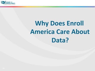 14
Why	
  Does	
  Enroll	
  
America	
  Care	
  About	
  
Data?	
  
	
  	
  
 