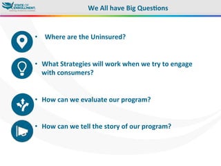 •  	
  Where	
  are	
  the	
  Uninsured?	
  
•  What	
  Strategies	
  will	
  work	
  when	
  we	
  try	
  to	
  engage	
  
with	
  consumers?	
  
•  How	
  can	
  we	
  evaluate	
  our	
  program?	
  
•  How	
  can	
  we	
  tell	
  the	
  story	
  of	
  our	
  program?	
  
We	
  All	
  have	
  Big	
  Ques3ons	
  
 