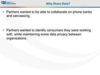 •  Partners wanted to be able to collaborate on phone banks
and canvassing.
•  Partners wanted to identify consumers they were working
with, while maintaining some data privacy between
organizations.
Why	
  Share	
  Data?	
  
 
