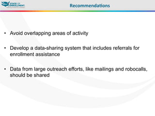•  Avoid overlapping areas of activity
•  Develop a data-sharing system that includes referrals for
enrollment assistance
•  Data from large outreach efforts, like mailings and robocalls,
should be shared
Recommenda3ons	
  
 