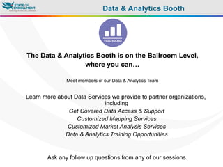 The Data & Analytics Booth is on the Ballroom Level,
where you can…
Meet members of our Data & Analytics Team
Learn more about Data Services we provide to partner organizations,
including
Get Covered Data Access & Support
Customized Mapping Services
Customized Market Analysis Services
Data & Analytics Training Opportunities
Ask any follow up questions from any of our sessions
Data & Analytics Booth
ACA
 