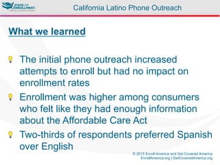 © 2015 Enroll America and Get Covered America
EnrollAmerica.org | GetCoveredAmerica.org
What we learned
"  The initial phone outreach increased
attempts to enroll but had no impact on
enrollment rates
"  Enrollment was higher among consumers
who felt like they had enough information
about the Affordable Care Act
"  Two-thirds of respondents preferred Spanish
over English
California Latino Phone Outreach
 