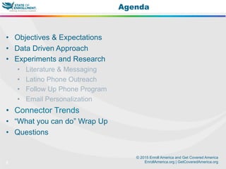 © 2015 Enroll America and Get Covered America
EnrollAmerica.org | GetCoveredAmerica.org2
Agenda
•  Objectives & Expectations
•  Data Driven Approach
•  Experiments and Research
•  Literature & Messaging
•  Latino Phone Outreach
•  Follow Up Phone Program
•  Email Personalization
•  Connector Trends
•  “What you can do” Wrap Up
•  Questions
 