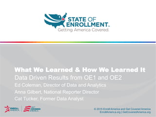© 2015 Enroll America and Get Covered America
EnrollAmerica.org | GetCoveredAmerica.org
© 2015 Enroll America and Get Covered America
EnrollAmerica.org | GetCoveredAmerica.org
What We Learned & How We Learned It
Data Driven Results from OE1 and OE2
Ed Coleman, Director of Data and Analytics
Anna Gilbert, National Reporter Director
Cat Tucker, Former Data Analyst
 
