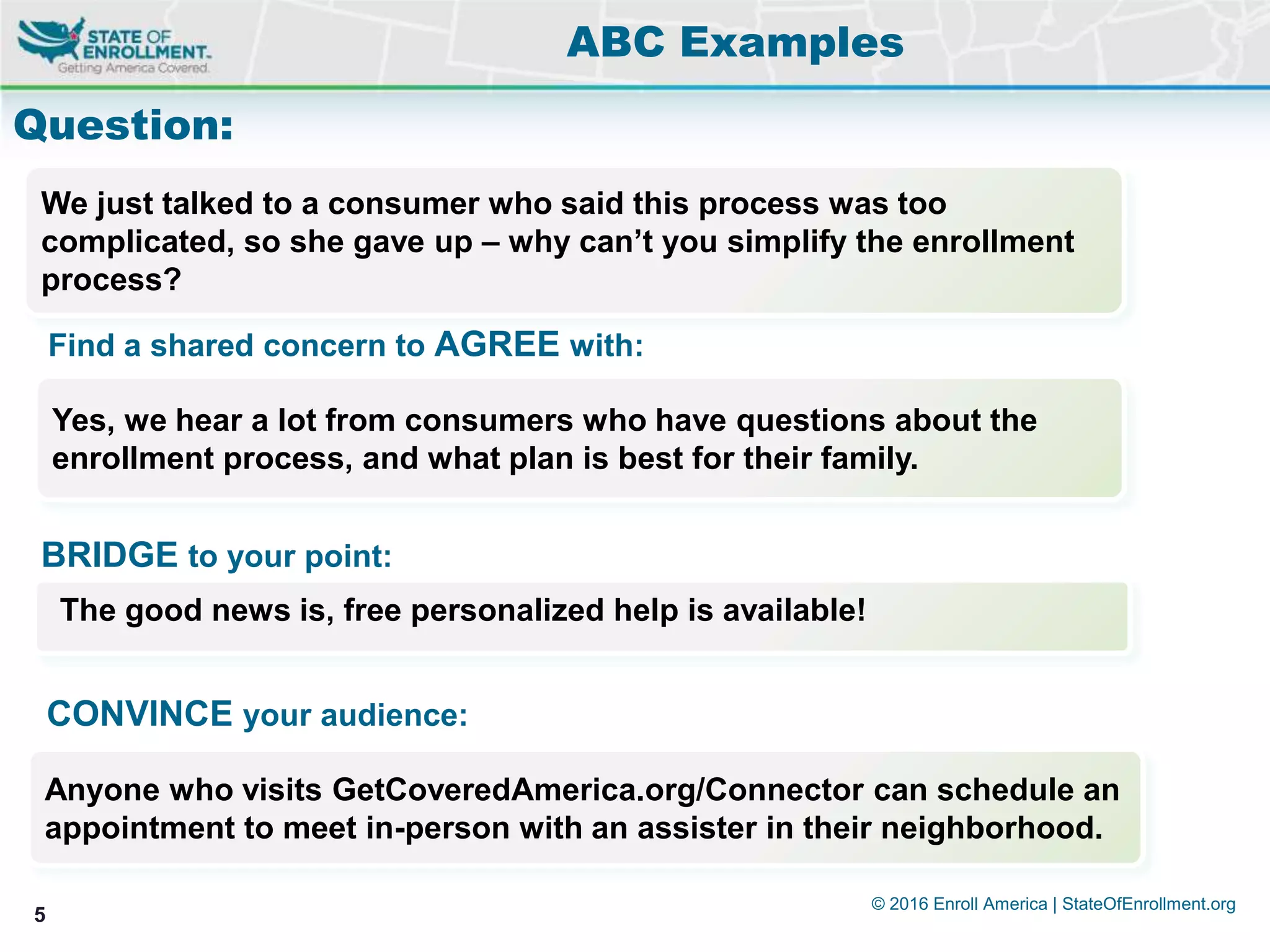 © 2016 Enroll America | StateOfEnrollment.org
5
Question:
ABC Examples
Yes, we hear a lot from consumers who have questions about the
enrollment process, and what plan is best for their family.
We just talked to a consumer who said this process was too
complicated, so she gave up – why can’t you simplify the enrollment
process?
The good news is, free personalized help is available!
Find a shared concern to AGREE with:
BRIDGE to your point:
Anyone who visits GetCoveredAmerica.org/Connector can schedule an
appointment to meet in-person with an assister in their neighborhood.
CONVINCE your audience:
 