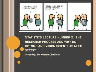 STATISTICS LECTURE NUMBER 2: THE
RESEARCH PROCESS AND WHY DO
OPTOMS AND VISION SCIENTISTS NEED
STATS?
Given by: Dr Kirsten Challinor1
 
