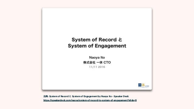 出典: System of Record と System of Engagement by Naoya Ito - Speaker Deck


https://speakerdeck.com/naoya/system-of-record-to-system-of-engagement?slide=5
 