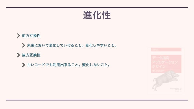 前方互換性


未来において変化していけること。変化しやすいこと。


後方互換性


古いコードでも利用出来ること。変化しないこと。
進化性
 