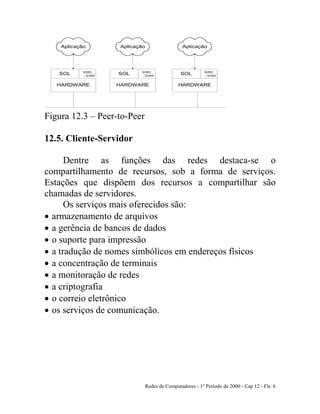 Redes de Computadores - 1º Período de 2000 - Cap 12 - Fls. 6
Aplicação
SOL SORC
HARDWARE
SORS
Aplicação
SOL SORC
HARDWARE
SORS
Aplicação
SOL SORC
HARDWARE
SORS
Figura 12.3 – Peer-to-Peer
12.5. Cliente-Servidor
Dentre as funções das redes destaca-se o
compartilhamento de recursos, sob a forma de serviços.
Estações que dispõem dos recursos a compartilhar são
chamadas de servidores.
Os serviços mais oferecidos são:
• armazenamento de arquivos
• a gerência de bancos de dados
• o suporte para impressão
• a tradução de nomes simbólicos em endereços físicos
• a concentração de terminais
• a monitoração de redes
• a criptografia
• o correio eletrônico
• os serviços de comunicação.
 