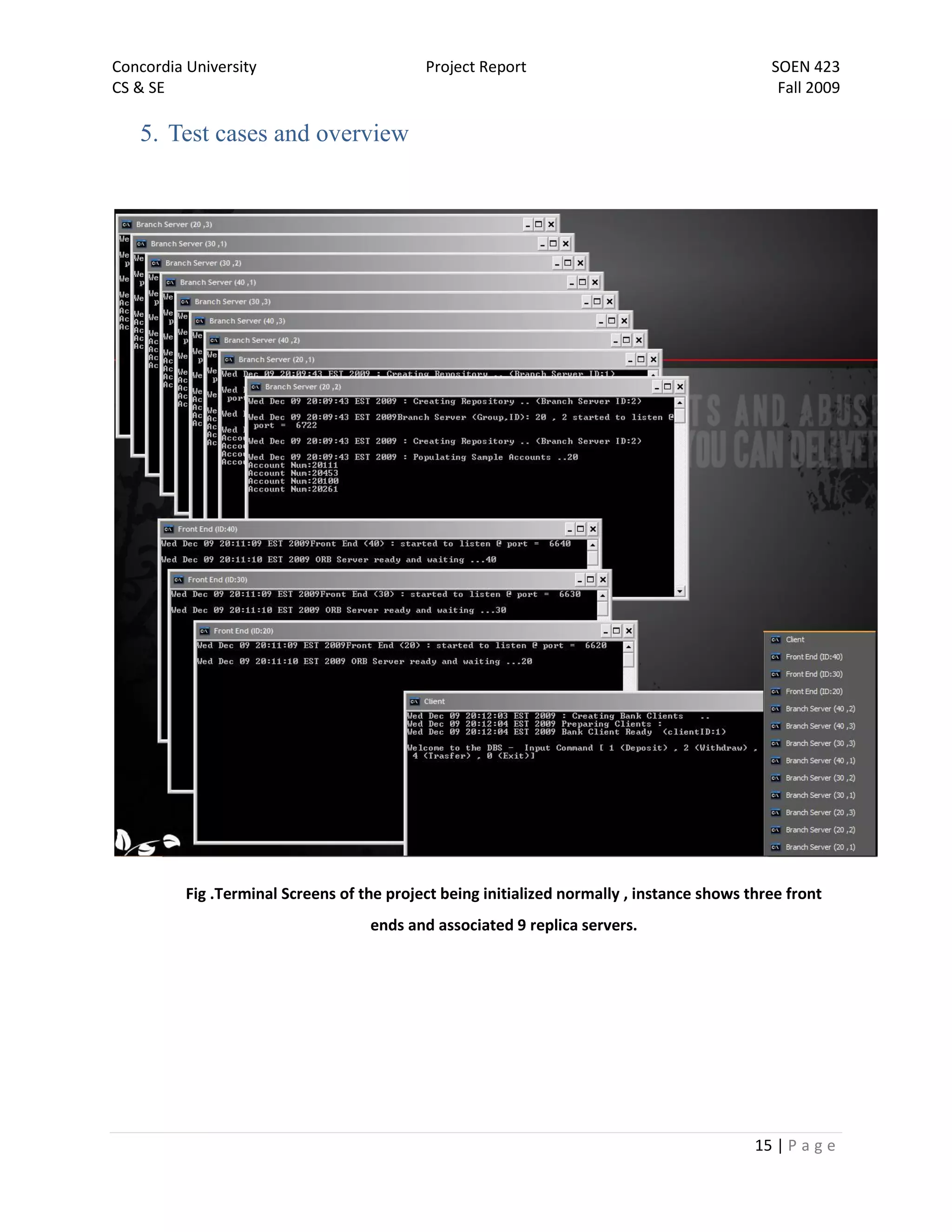 Concordia University                        Project Report                                    SOEN 423
CS & SE                                                                                        Fall 2009

   5. Test cases and overview




          Fig .Terminal Screens of the project being initialized normally , instance shows three front
                                    ends and associated 9 replica servers.




                                                                                            15 | P a g e
 