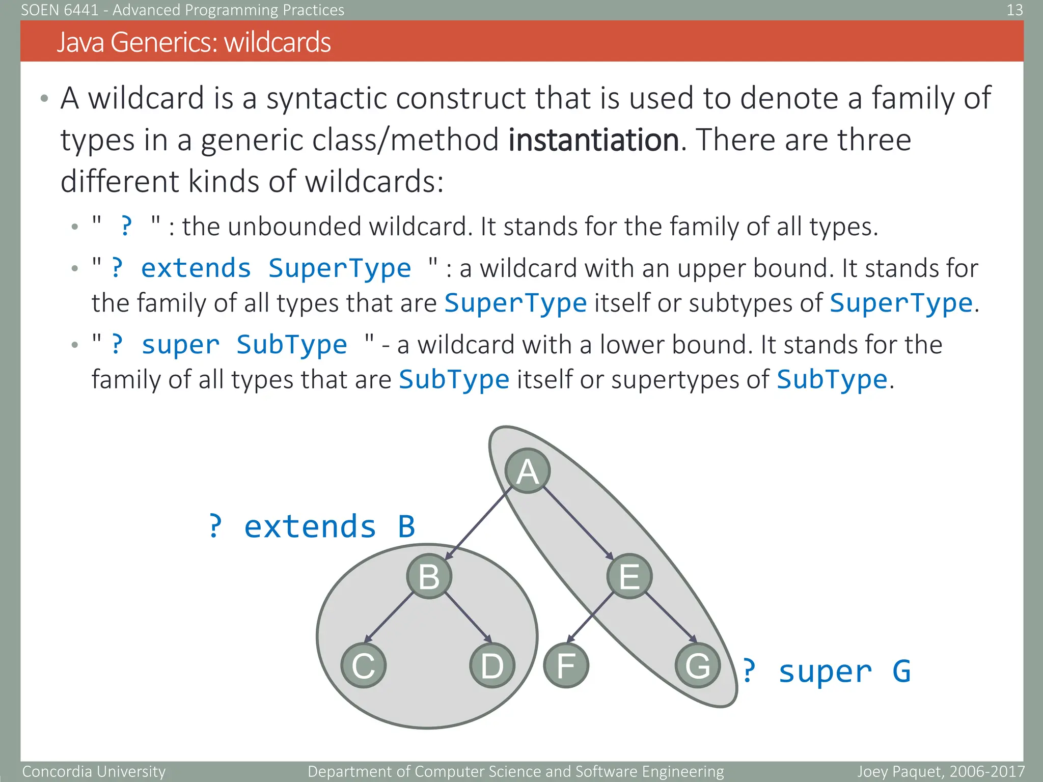Concordia University Department of Computer Science and Software Engineering
• A wildcard is a syntactic construct that is used to denote a family of
types in a generic class/method instantiation. There are three
different kinds of wildcards:
• " ? " : the unbounded wildcard. It stands for the family of all types.
• " ? extends SuperType " : a wildcard with an upper bound. It stands for
the family of all types that are SuperType itself or subtypes of SuperType.
• " ? super SubType " - a wildcard with a lower bound. It stands for the
family of all types that are SubType itself or supertypes of SubType.
JavaGenerics:wildcards
Joey Paquet, 2006-2017
13
SOEN 6441 - Advanced Programming Practices
B
C D
A
E
F G
? extends B
? super G
 