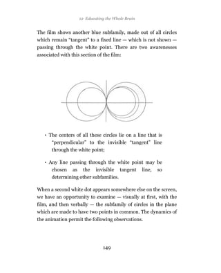12 Educating the Whole Brain


The film shows another blue subfamily, made out of all circles
which remain “tangent” to a fixed line — which is not shown —
passing through the white point. There are two awarenesses
associated with this section of the film:




   • The centers of all these circles lie on a line that is
      “perpendicular” to the invisible “tangent” line
       through the white point;

   • Any line passing through the white point may be
       chosen as the invisible tangent             line,   so
       determining other subfamilies.

When a second white dot appears somewhere else on the screen,
we have an opportunity to examine — visually at first, with the
film, and then verbally — the subfamily of circles in the plane
which are made to have two points in common. The dynamics of
the animation permit the following observations.




                                149
 