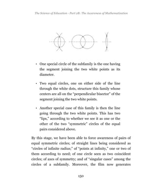 The Science of Education - Part 2B: The Awareness of Mathematization




  • One special circle of the subfamily is the one having
     the segment joining the two white points as its
     diameter.

  • Two equal circles, one on either side of the line
    through the white dots, structure this family whose
     centers are all on the “perpendicular bisector” of the
     segment joining the two white points.

  • Another special case of this family is then the line
    going through the two white points. This has two
     “lips,” according to whether we see it as one or the
     other of the two “symmetric” circles of the equal
     pairs considered above.

By this stage, we have been able to force awareness of pairs of
equal symmetric circles; of straight lines being considered as
“circles of infinite radius;” of “points at infinity,” one or two of
them according to need; of one circle seen as two coincident
circles; of axes of symmetry; and of “singular cases” among the
circles of a subfamily. Moreover, the film now generates


                                 150
 