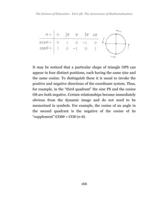 The Science of Education - Part 2B: The Awareness of Mathematization




It may be noticed that a particular shape of triangle OPS can
appear in four distinct positions, each having the same sine and
the same cosine. To distinguish these it is usual to invoke the
positive and negative directions of the coordinate system. Thus,
for example, in the “third quadrant” the sine PS and the cosine
OS are both negative. Certain relationships become immediately
obvious from the dynamic image and do not need to be
memorized in symbols. For example, the cosine of an angle in
the second quadrant is the negative of the cosine of its
“supplement”:COS = COS ( - ).




                                 166
 