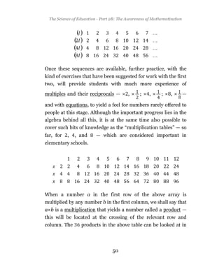 The Science of Education - Part 2B: The Awareness of Mathematization




Once these sequences are available, further practice, with the
kind of exercises that have been suggested for work with the first
two, will provide students with much more experience of

multiples and their reciprocals —         ,     ;    ,     ;    ,        —

and with equations, to yield a feel for numbers rarely offered to
people at this stage. Although the important progress lies in the
algebra behind all this, it is at the same time also possible to
cover such bits of knowledge as the “multiplication tables” — so
far, for   ,   , and      — which are considered important in
elementary schools.




When a number a in the first row of the above array is
multiplied by any number b in the first column, we shall say that
a b is a multiplication that yields a number called a product —
this will be located at the crossing of the relevant row and
column. The       products in the above table can be looked at in




                                  50
 