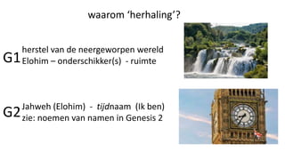 waarom ‘herhaling’?
herstel van de neergeworpen wereld
Elohim – onderschikker(s) - ruimte
Jahweh (Elohim) - tijdnaam (Ik ben)
zie: noemen van namen in Genesis 2
G1
G2
 