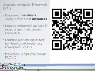 Grounded Annotation Framework
(GAF)
• Keep event mentions
separate from event instances
• Linguistic information captured in
separate layer from semantic
information
• Semantic layer can also import
non-linguistic information, e.g.
coming from sensors
• Provenance is captured through
PROV-O
 