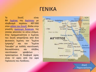 ΓΕΝΙΚΑ
Το Σουέζ είναι
BA Λιμένας της Αιγύπτου με
πληθυσμό περίπου 497.000
στον κόλπο του Σουέζ, δίπλα στην
γνωστή, ομώνυμη διώρυγα, της
οποίας αποτελεί το νότιο στόμιο.
Στην πραγματικότητα ο λιμένας
του Σουέζ απαρτίζεται από δύο
φυσικούς λιμένες τον "λιμένα
Ιμπραήμ" και τον "λιμένα
Ταουφίκ" με πολλές ναυτιλιακές
διευκολύνσεις και πλήθος
ναυτιλιακών γραφείων -
πρακτορείων. Η διαφορά ώρας
είναι +2 ώρες από την ώρα
Γκρίνουιτς του Λονδίνου.
Δομή
Παρουασίασης
 