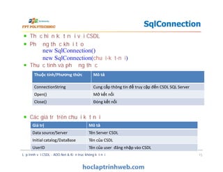Thực hiện kết nối với CSDL
Phương thức khởi tạo
Thuộc tính và phương thức
Các giá trị trên chuỗi kết nối
SqlConnection
new SqlConnection()
new SqlConnection(chuỗi-kết-nối)
Thuộc tính/Phương thức Mô tả
ConnectionString Cung cấp thông tin để truy cập đến CSDL SQL Server
Thực hiện kết nối với CSDL
Phương thức khởi tạo
Thuộc tính và phương thức
Các giá trị trên chuỗi kết nối
Lập trình với CSDL - ADO.Net & Kiến trúc không kết nối 15
ConnectionString Cung cấp thông tin để truy cập đến CSDL SQL Server
Open() Mở kết nối
Close() Đóng kết nối
Giá trị Mô tả
Data source/Server Tên Server CSDL
Initial catalog/DataBase Tên của CSDL
UserID Tên của user đăng nhập vào CSDL
 