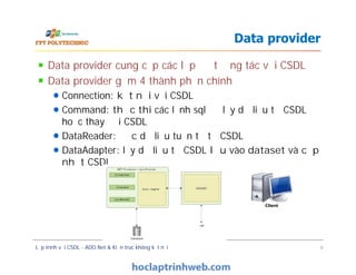 Data provider cung cấp các lớp để tương tác với CSDL
Data provider gồm 4 thành phần chính
Connection: kết nối với CSDL
Command: thực thi các lệnh sql để lấy dữ liệu từ CSDL
hoặc thay đổi CSDL
DataReader: đọc dữ liệu tuần tự từ CSDL
DataAdapter: lấy dữ liệu từ CSDL lưu vào dataset và cập
nhật CSDL
Data provider
Data provider cung cấp các lớp để tương tác với CSDL
Data provider gồm 4 thành phần chính
Connection: kết nối với CSDL
Command: thực thi các lệnh sql để lấy dữ liệu từ CSDL
hoặc thay đổi CSDL
DataReader: đọc dữ liệu tuần tự từ CSDL
DataAdapter: lấy dữ liệu từ CSDL lưu vào dataset và cập
nhật CSDL
Lập trình với CSDL - ADO.Net & Kiến trúc không kết nối 9
 