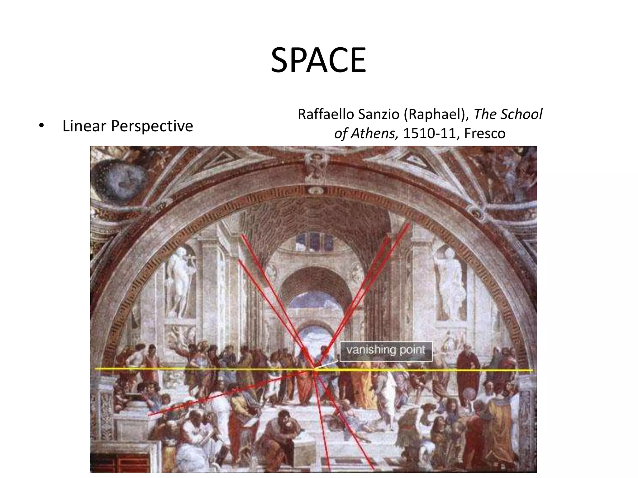 SPACE
• Linear Perspective
Raffaello Sanzio (Raphael), The School
of Athens, 1510-11, Fresco
 